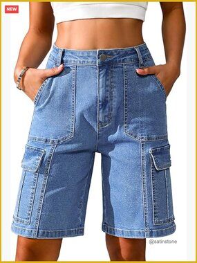 Bermuda Cargo Shorts High Waisted Stretch Wide Leg Relaxed Fit